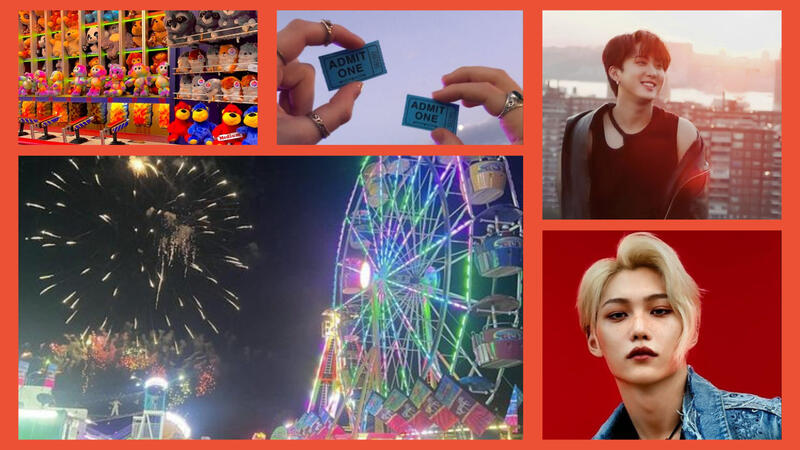 This is a picture with long haired Felix and a motorcycle jacket wearing changbin in a black tank top. There is a carnival vibe with a ferris wheel, tickets, booth games, and fair food.
