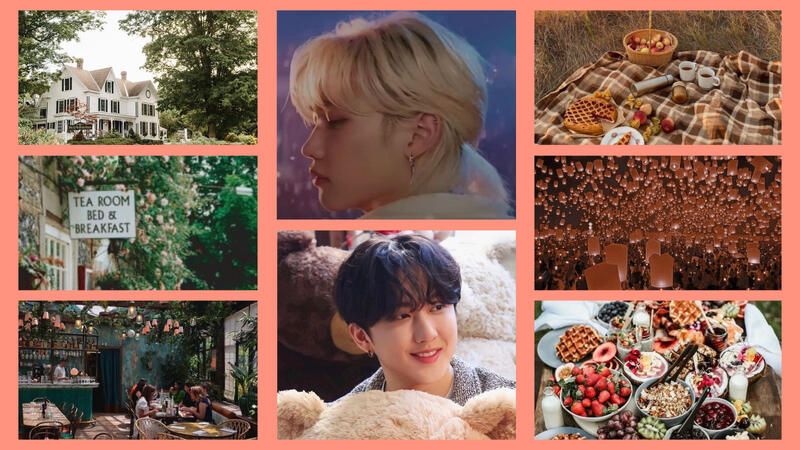The picture has a photo of Felix and Changbin Separately. It includes a picnic baskey, bed and breakfast, lanturn festival and honeymoon vacation vibes.