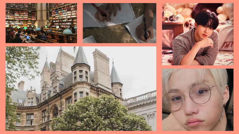 This has a picture of felix with circle framed glasses and a studying changbin in a private school with study groups and a large library.